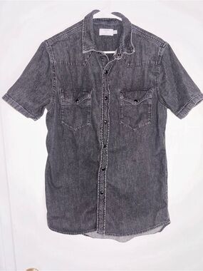 Topman Short-Sleeve Washed Black Denim Button-Down Shirt